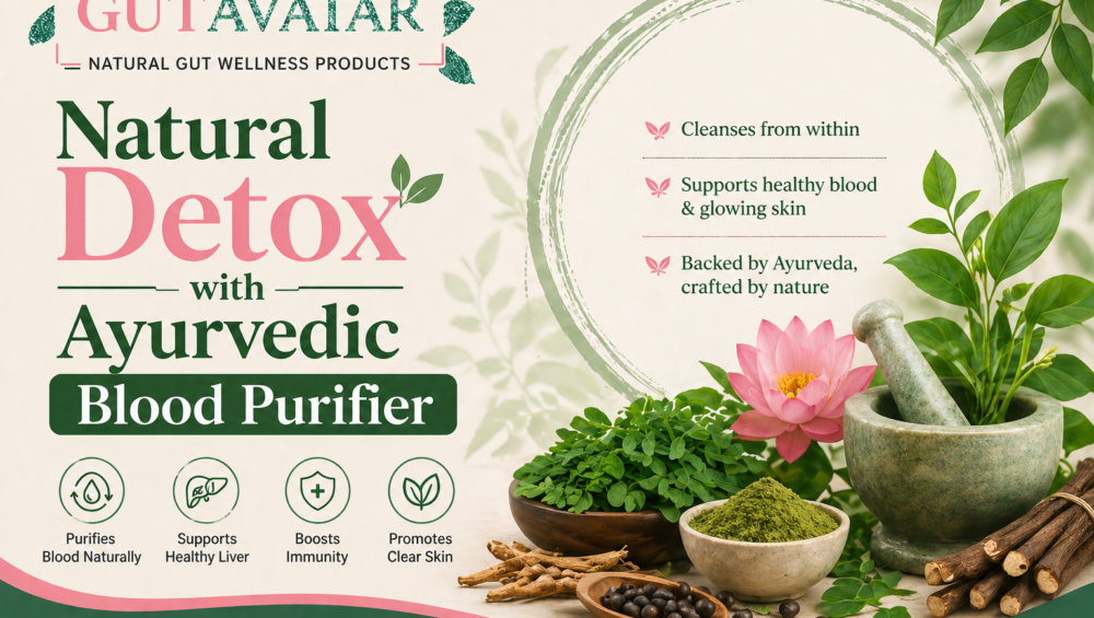 Ayurvedic Blood Purifier Powder by GutAvatar for natural detox, clear skin, and holistic wellness solutions.